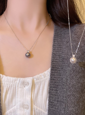 单颗黑色珍珠锆石吊坠项链女秋冬简约小众高级感锁骨链义乌配饰品