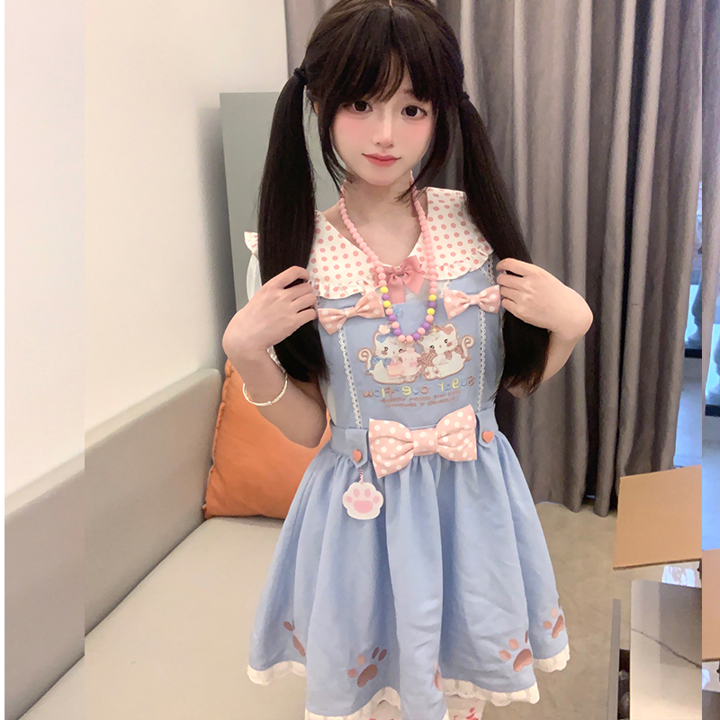 铭依记少女原创 甜心猫  女儿服短版可爱少女甜美背带裙套装夏季 - 图3