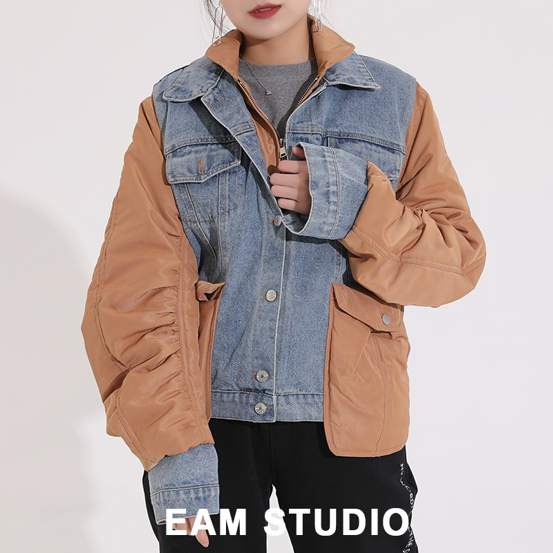 EAM STUDIO复古重工假两件牛仔拼接棉服女春秋装加厚飞机夹克外套