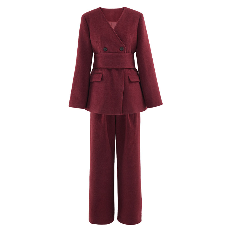 EAM STUDIO秋冬季欧美简约高级感收腰加厚毛呢无领西装长裤套装女,淘宝优惠券,粉丝福利购,淘宝优惠卷