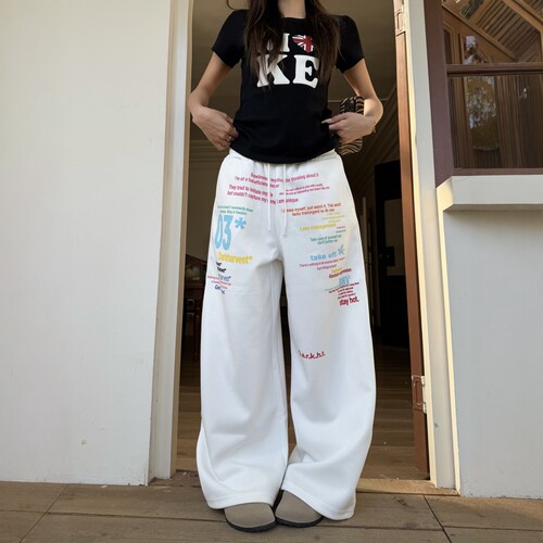 DHSS美式彩色字母印花直筒休闲裤男女宽松阔腿拖地运动百搭长裤 - 图0