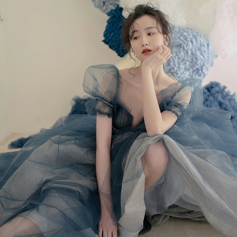 蓝色裙女2022新款生日公主名媛婚纱 碧颜礼服/晚装
