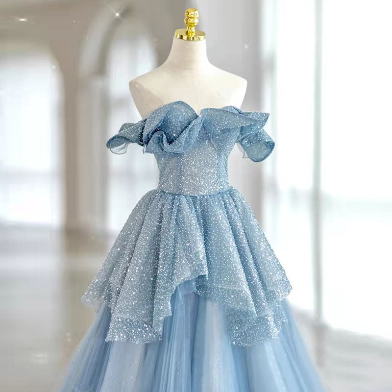 蓝色一字肩女2023新款高级感婚纱 碧颜礼服/晚装