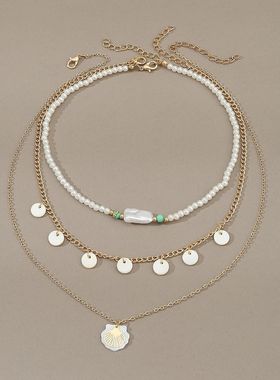 欧美跨境贝壳吊坠米珠串珠项链女时尚个性多层叠戴颈链配饰气质