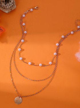 欧美跨境饰品异性珍珠项链圆片吊坠多层叠戴女项链饰品配饰首饰品