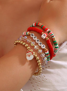 跨境欧美圣诞节女手链红绿色老人头雪花软陶串珠字母手链女