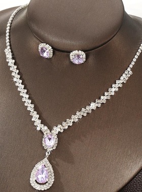 HBS跨境欧美椭圆玫红绿宝石耳环项链套装女饰品复古优雅款气质