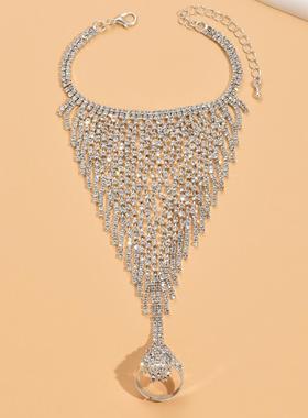 欧美跨境外贸饰品 闪钻水钻手链舞台模特表演流苏女手环指环晚宴