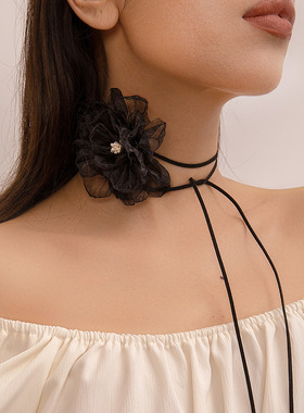 跨境网纱花朵皮蜡线项链少女纯欲可爱夏季手工绑带项圈饰品气质