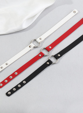 项链跨境欧美饰品 个性潮酷原宿风PU皮颈链几何圆形项圈个性配饰