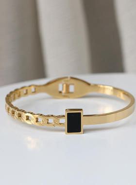 几何简约黑方块半拼链条弹簧开口手镯手环欧美 钛钢镀玫瑰金