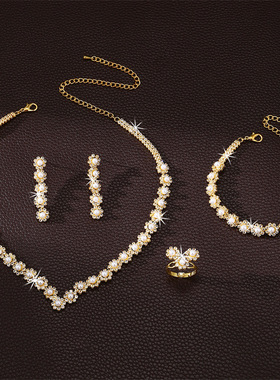 跨境欧美情人节水钻项链手链戒指耳环套装简约大气新娘饰品首饰女