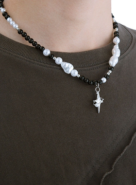 多宝星体钛钢链黑白珍珠项链