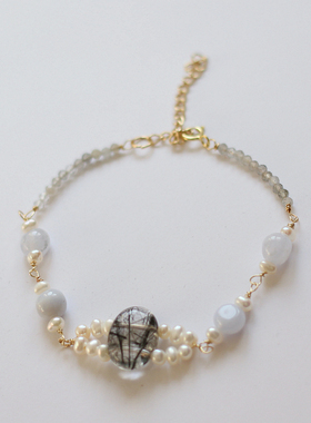 黑发晶6月诞生石珍珠紫玛瑙手链