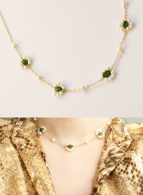 天然珍珠祖母绿色透辉石项链