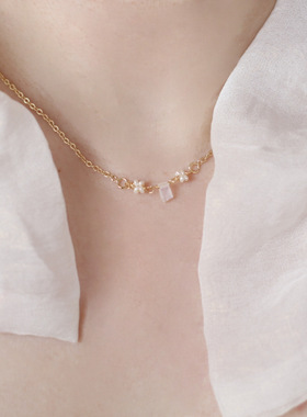 稀有蓝光月光石美国14K包金不掉色双层精致超迷你锁骨项链choker