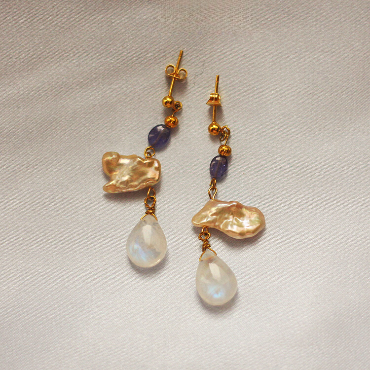 原创设计天然6月光石诞生辰石巴洛克珍珠14k注包金agete耳环耳夹 - 图1
