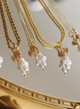 原创天然十字形淡水珍珠玫瑰复古agete nojess中古董风吊坠项链