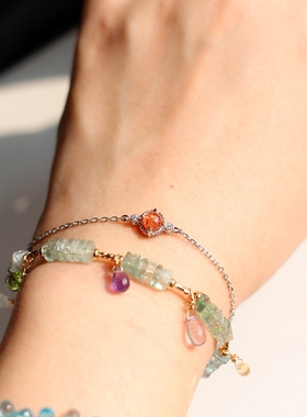 天然渐变萤石紫黄水晶月光石14k包金设计感复古轻奢原创日系手链