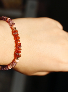 ETunique法国巴黎一二月诞生辰石榴石紫水晶14k包金原创设计手链