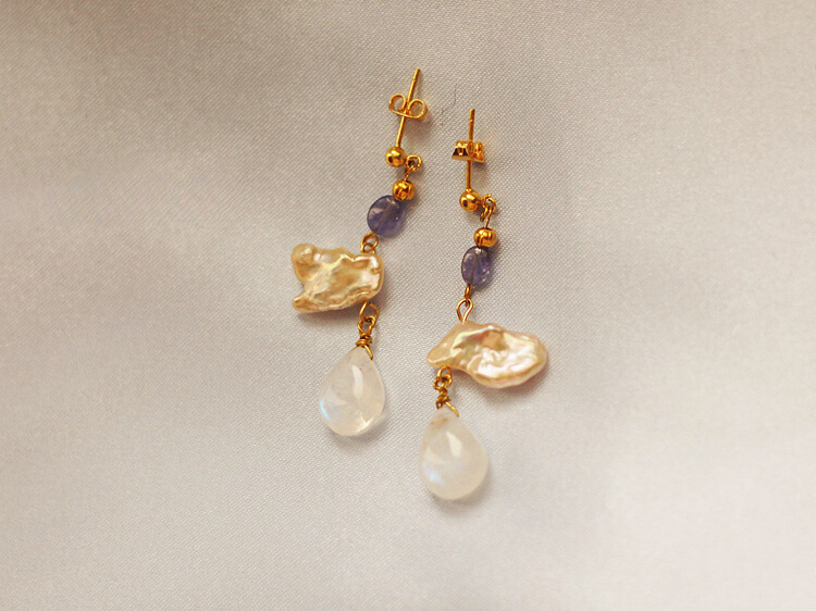 原创设计天然6月光石诞生辰石巴洛克珍珠14k注包金agete耳环耳夹 - 图0