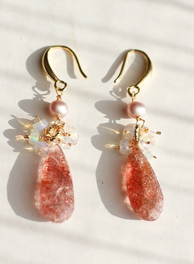 原创设计天然草莓晶珍珠欧泊14k包金agete/nojess风耳环耳夹项链