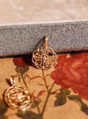 镜泉之诗复古中古天然白水晶精雕镂空花卉925银镀金戒指吊坠项链