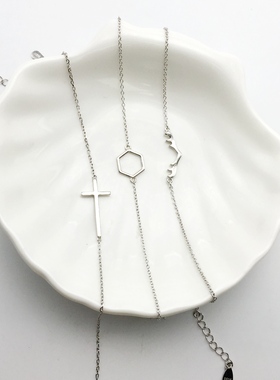 纯银鹿角十字架镂空六边形手链