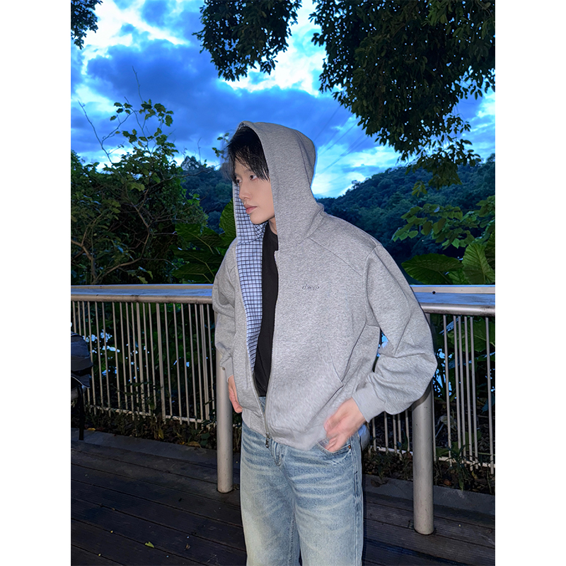 NECOYEP 美式字母刺绣格子拉链连帽卫衣开衫男女宽松cleanfit外套 - 图0