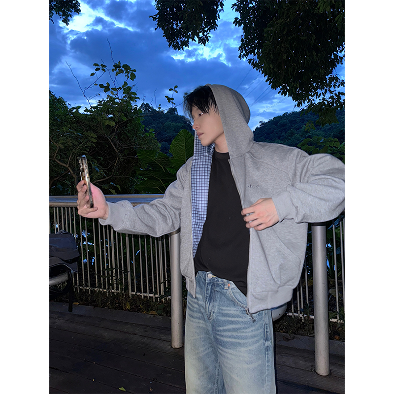 NECOYEP 美式字母刺绣格子拉链连帽卫衣开衫男女宽松cleanfit外套 - 图3