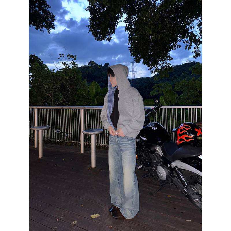 NECOYEP 美式字母刺绣格子拉链连帽卫衣开衫男女宽松cleanfit外套 - 图1