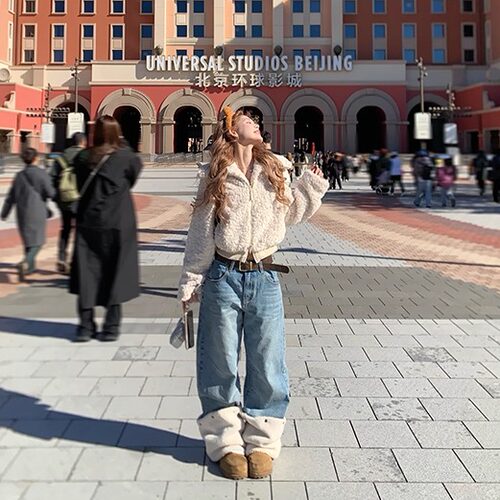 NECOYEP 美式设计感可拆卸摇粒绒腿套加绒弯刀牛仔裤男女宽松长裤 - 图2