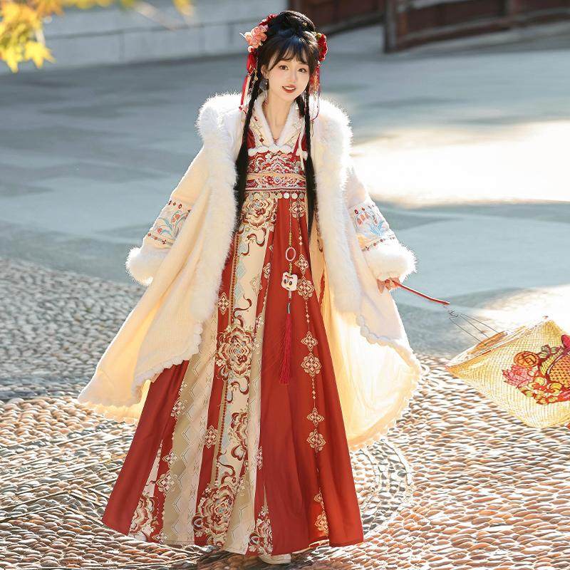 秀巅原创汉服女【凝花雪】唐制齐胸吊带裙毛领斗篷日常保暖秋冬款,淘宝优惠券,粉丝福利购,淘宝优惠卷