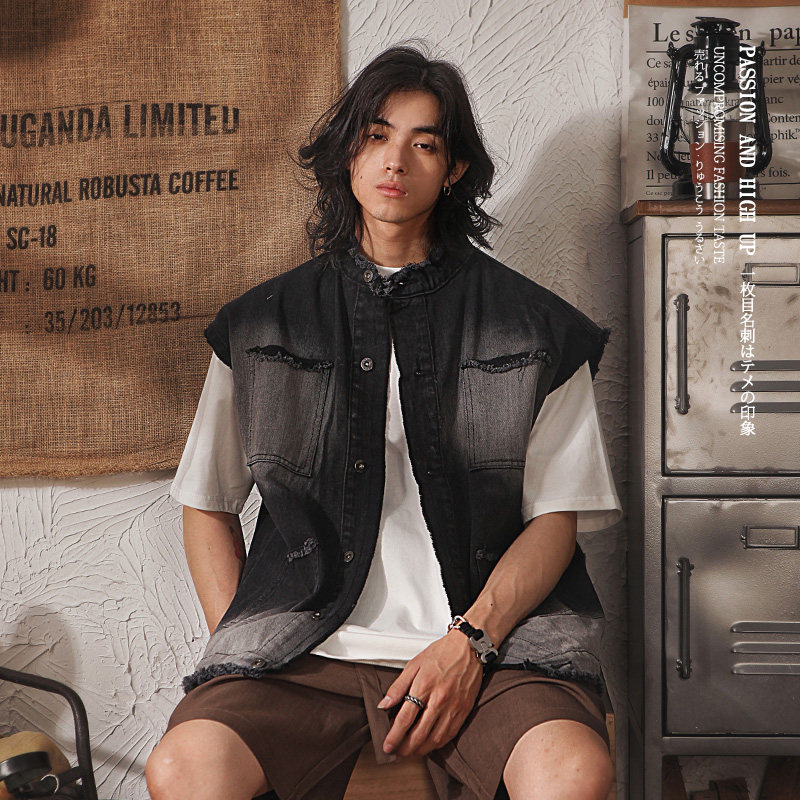 日系复古小众毛边设计感工装马甲男潮牌高街痞帅做旧叠穿牛仔外套,淘宝优惠券,粉丝福利购,淘宝优惠卷