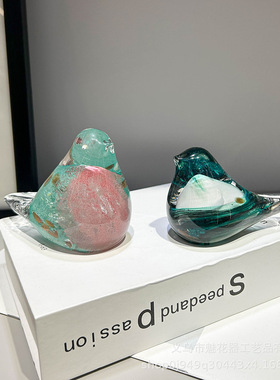 现代创意绿色手工琉璃小鸟摆件工艺品家居可爱桌面装饰品跨境货源