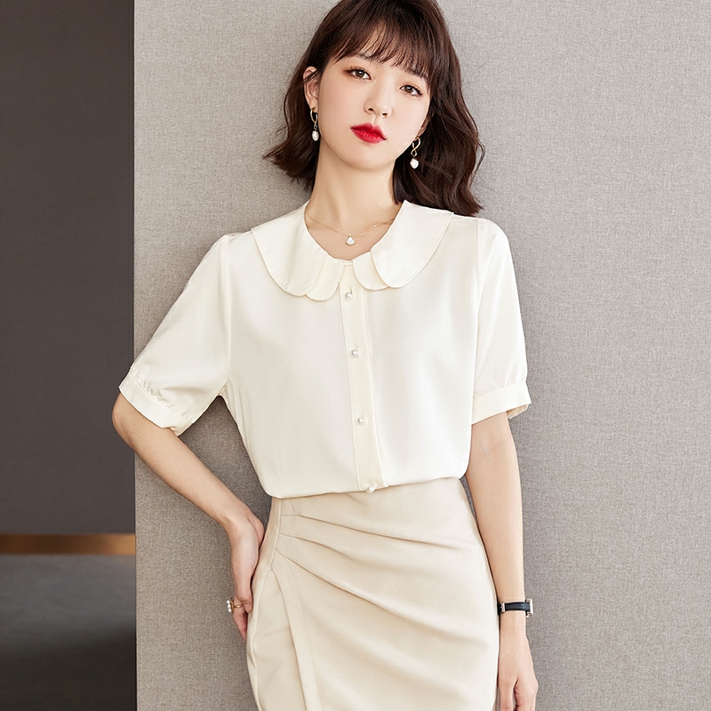 春夏时尚气质短袖雪纺衬衫裁剪纸样女娃娃领上衣减龄洋气小衫图纸 - 图2