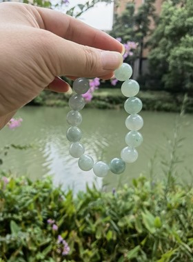 天然缅甸翡翠手串，男士糯冰种手串，微透绳，卡13+