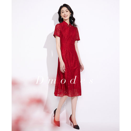 黛玛诗春夏新款新中式连衣裙时尚蕾丝旗袍裙女红色礼服裙优雅 - 图0