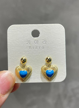 琪娅拉法式珐琅滴釉蓝色爱心吊坠金珠s925通体纯银项链耳环