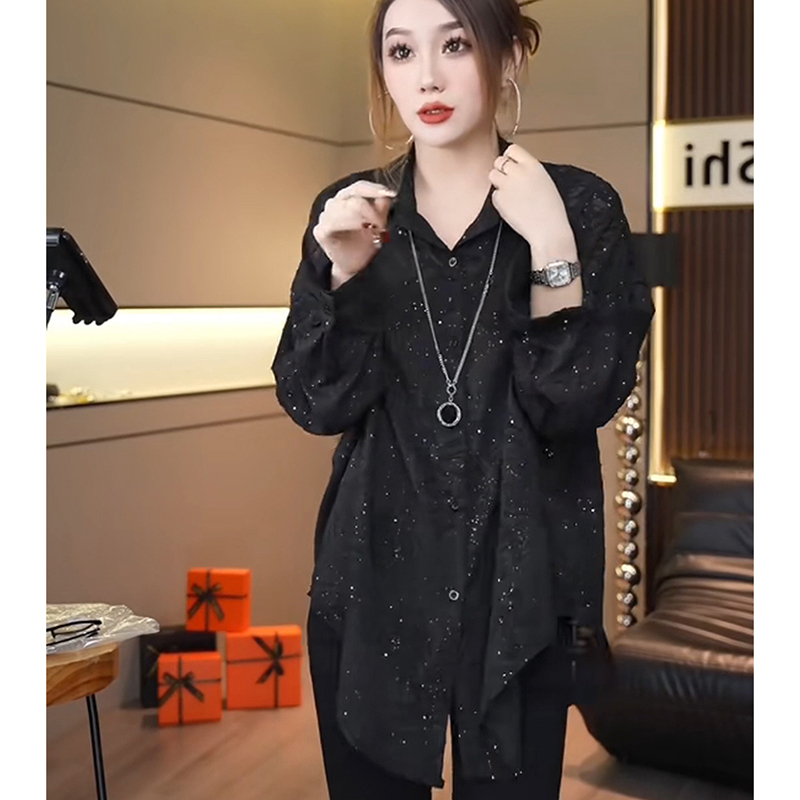 小众设计感女气质名媛上衣女神范法式独特别致显瘦黑色亮片衬衫