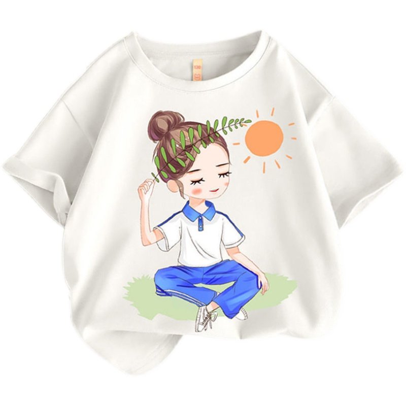 儿童白色短袖卡通创意印花T恤2021夏装新款女童圆领薄款纯棉上衣_虎窝淘