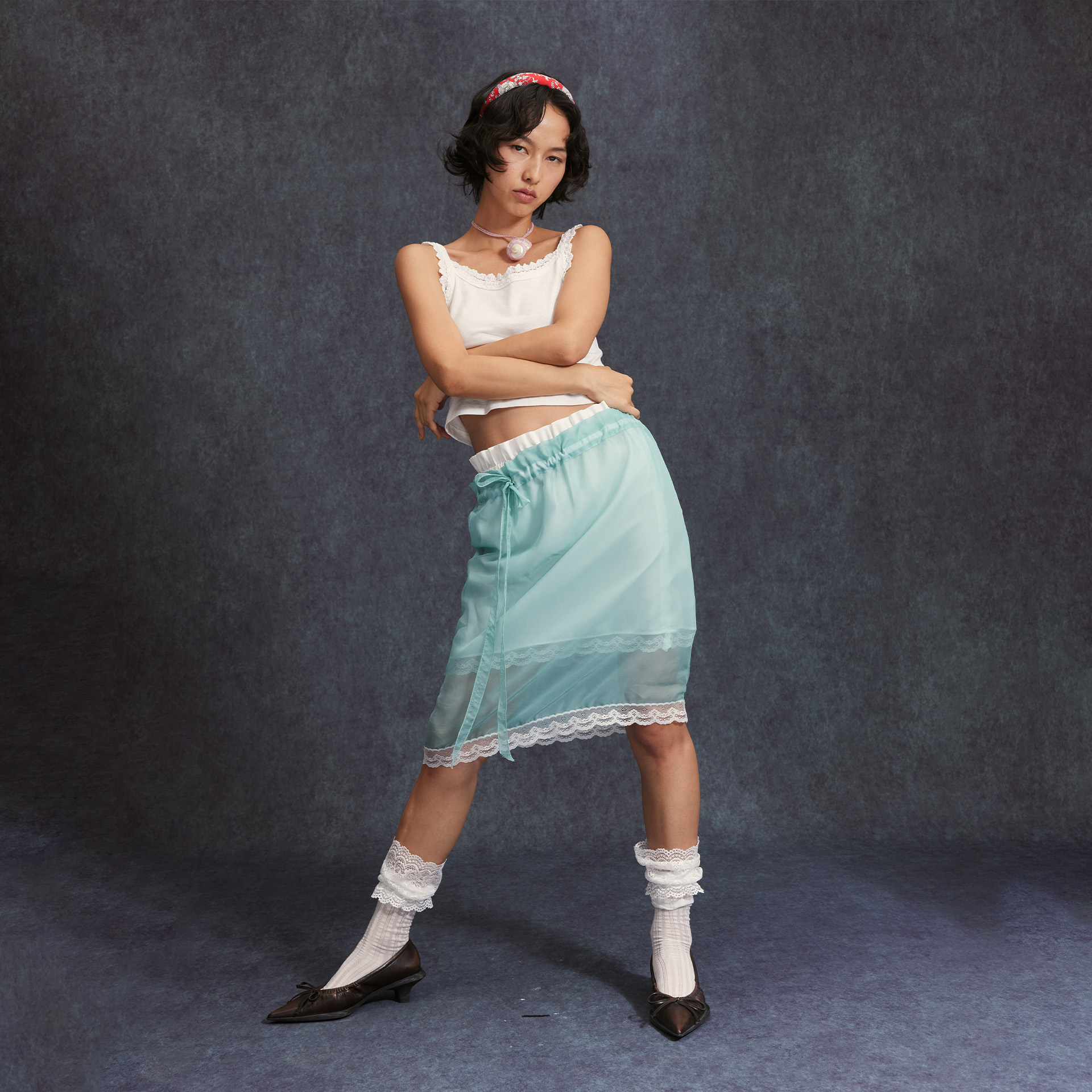 cheap art label 抽绳松紧腰蕾丝双层套裙直筒半身裙女25秋季新款 - 图0