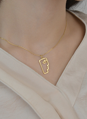 纯银抽象人脸项链女小众设计感高级秋冬毛衣链镀18K金色锁骨链