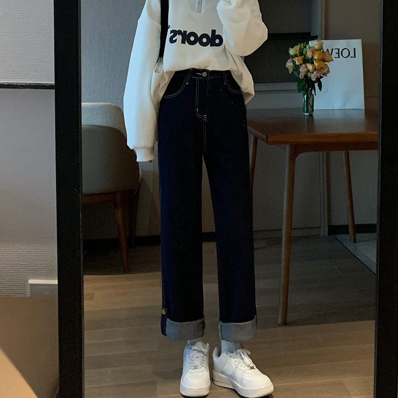 深蓝高腰阔腿薄绒厚绒2021年牛仔裤 pstylejeans牛仔裤