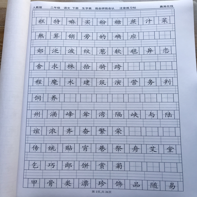 新人教版二年级下册语文识字表写字表生字注音专项拼音课业练习本