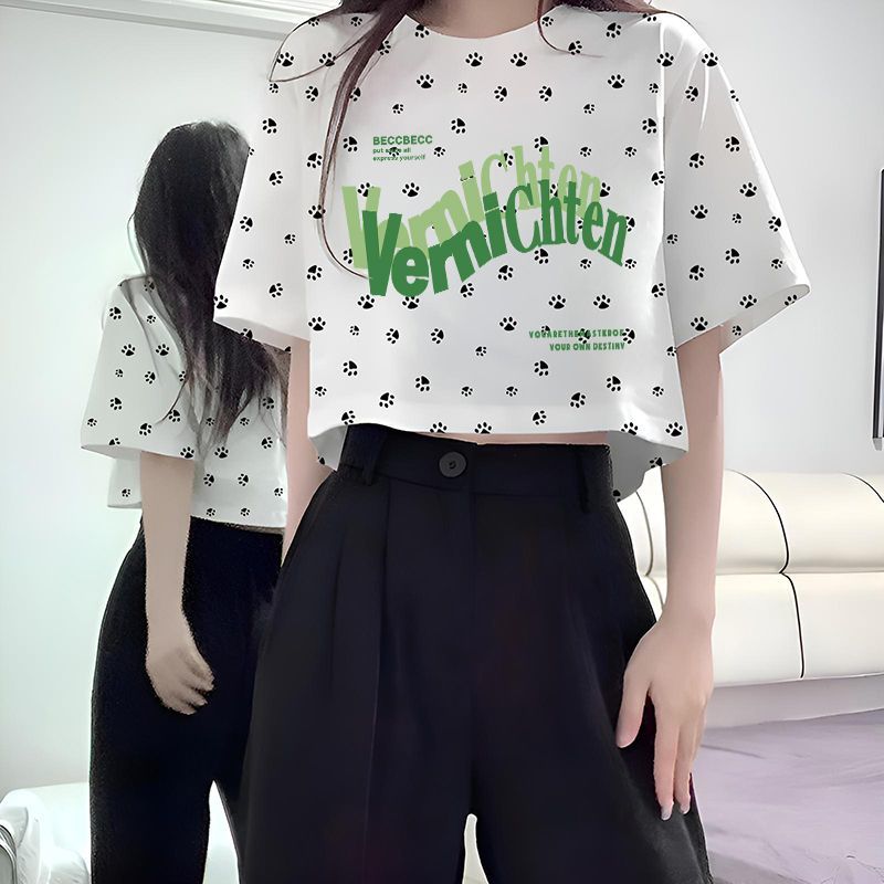 短款上衣设计感ins小众2025年新款高腰纯棉短袖t恤女款落肩夏百搭 - 图0