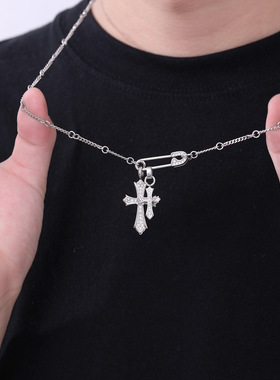 镶钻别针双十字架钛钢项链