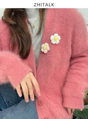 毛线钩织泡芙花胸针配饰