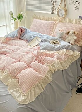 Ruffled Pink Blue Duvet ver Set Twin Queen Washed Microfiber