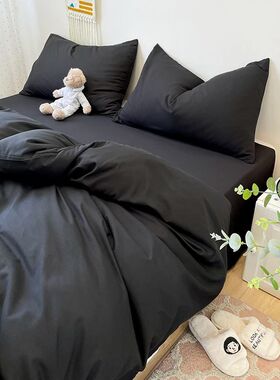 Black Bedding Set Soft Bed Linen Set Washed Cotton Duvet ver